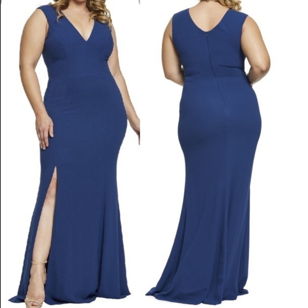 New Dress the Population Sandra V-Neck Crepe Long Formal Pacific Blue Gown Sz 2X